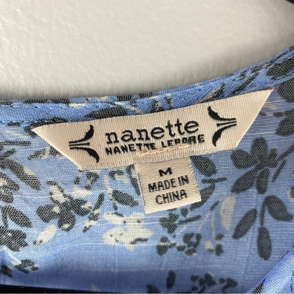 NANETTE Lepore Blue Floral Pleated 3/4 Sleeve Blouse Medium - Picture 7 of 12